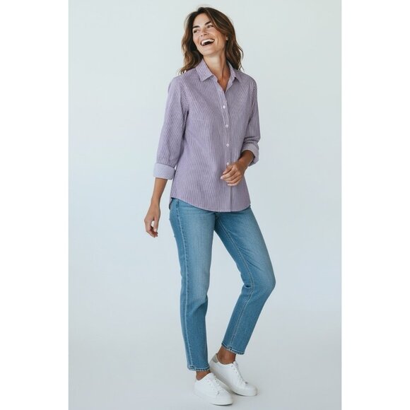 Lands' End Wrinkle Free Button Down Long Sleeve Blouse Top Purple/White Stripe 4 - Picture 1 of 8